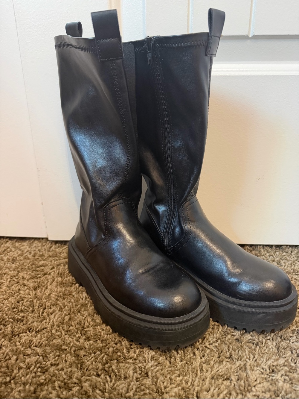 Girls Black Leather Platform Boots